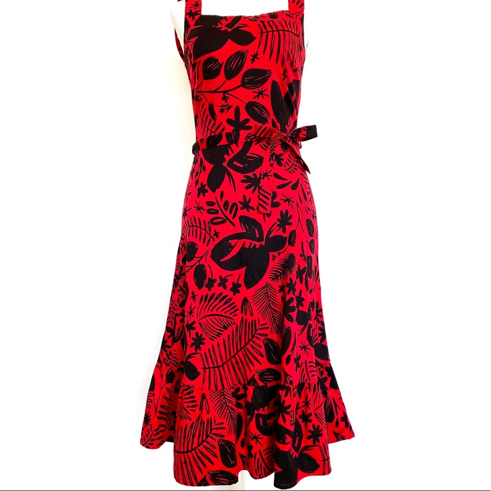 Festive Red Floral Dress with Ruffled A-Line Skirt